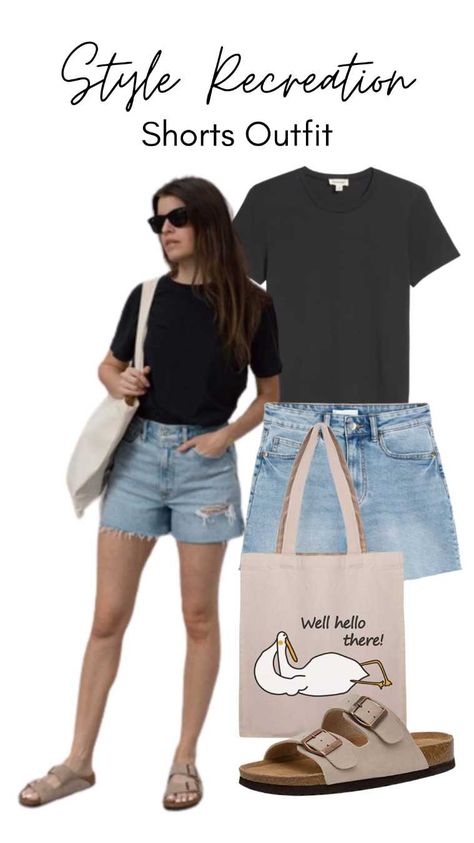 black t shirt, denim shorts, tote bag, Birkenstocks sandals Black Shirt Denim Shorts, Chic Denim Shorts Outfit, Birkenstock Shorts Outfit, Shorts And Birkenstocks Outfit, Shorts And Sandals Outfit, Coffe Outfits, Birkenstock Outfit Summer Casual, Birkenstock Outfit Sandals, Bermuda Shorts Outfit Summer