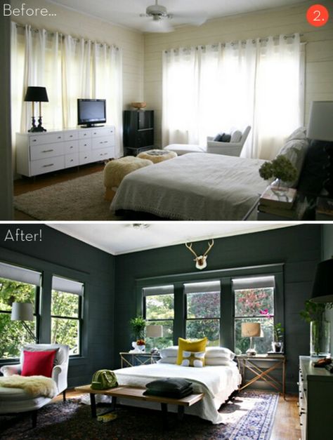 A stunning before and after.  Dark walls with furniture centered around the windows Perfect Paint Color, Light Bedroom, After Pictures, Trendy Bedroom, Gray Bedroom, Bedroom Green, Bedroom Paint, Remodel Bedroom, Low Light