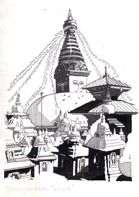 Swayambhunath Temple, Kathmandu, Nepal. Ink drawing by Dean Thody Nepal Temple Drawing, Dashain Festival Nepal Drawing, Dashain Drawing, Culture Of Sikkim Drawing, Nepal Tattoo Ideas, Nepali Tattoo Design, Nepal Sketch, Nepal Drawing, Nepali Tattoo