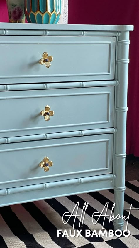 Sherwin Williams Watery, Bamboo Furniture Makeover, Faux Bamboo Furniture, Chinoiserie Bedroom, Faux Bamboo Dresser, Bamboo Furniture Diy, Bamboo Bedroom, Bamboo Dresser, Chinoiserie Furniture