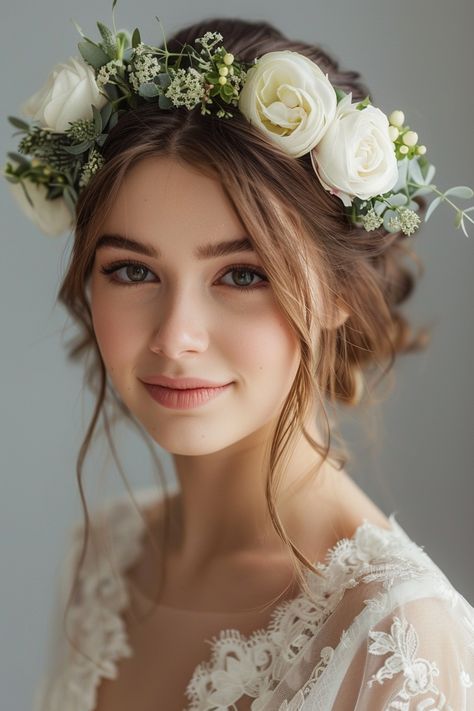 90+ Wedding Flower Crowns For Completing Your Boho Look | Matched Hearts Flower Crown Wedding Short Hair, Floral Crown Bride, Floral Wedding Crown, Wedding Flower Crowns, Bride Flower Crown, Wedding Hair Flower Crown, Wildflower Wedding Bouquet, Flower Headpiece Wedding, Romantic Theme Wedding