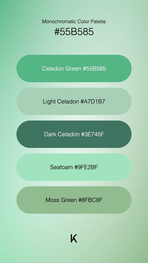 Monochromatic Color Palette Celadon Green #6BE1C0 · Light Celadon #A7E4D2 · Dark Celadon #4E9A82 · Seafoam #C2E2D9 · Moss Green #8FBC8F Mint Chocolate Color Palette, Sea Foam Green Color Schemes, Seafoam Color Palette, Green Color Palette Combination, Mint Green Color Combinations, Jade Color Palette, Serenity Color, Monochromatic Color Palette, Seafoam Color