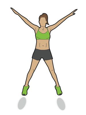 Star jump: Start in a low squat position, with feet hip-width apart and your butt almost touching the floor. Then jump up explosively, thrusting your hands and legs out to the side in the shape of a star, as shown. Repeat for 30 seconds. Work up to one minute. Increase Jump Height Exercise, Split Jump Exercise, Star Jumps Exercise, Jump Start Diet, Jumping Jack Challenge, Star Jump, Star Jumps, Ab Moves, Shape Fitness