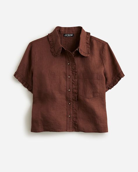 J.Crew: Ruffle-trim Button-up Shirt In Linen For Women Perfect Denim, Jcrew Collection, Linen Color, Button Up Shirt, Ruffle Trim, Shirt Outfit, Matching Sets, Cool Shirts, Fashion News