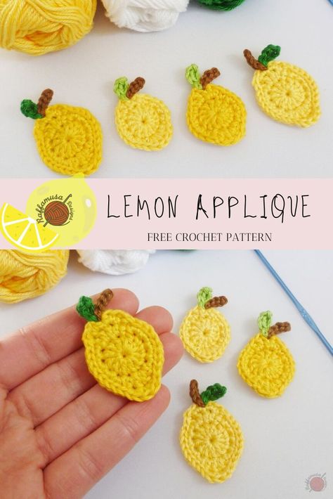 A fun crochet lemon applique pattern that comes in a small and large size. Crochet one lemon to applique on your summer makes, kitchen decor, or anything yarn! #crochet #lemon #applique #crochetapplique #crochetfood #crochetlemon #embellishment #uncinetto #haken #ganchillo #pattern #free #freecrochet #freecrochetpattern #crochetappliques #tuttifrutti #limone #fruit #crochetfruit #tejer Lemon Applique, Lemon Crochet, Crochet Lemon, Applique Patterns Free, Crochet Applique Patterns, Crochet Appliqué, Crochet Applique Patterns Free, Crochet Fruit, Crochet Appliques