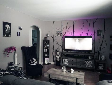 Goth Inspired Home Decor, Black Goth Living Room, Home Decor Gothic Modern, Modern Grunge Living Room, Modern Witch House Living Room, Gothic Living Room Ideas Modern, Goth House Decor Ideas, Goth Decor Aesthetic, Modern Gothic Home Decor Ideas