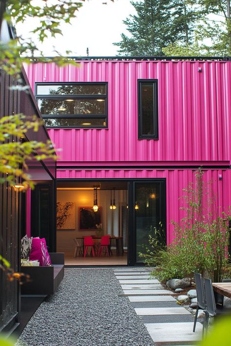 Modern pink shipping container house. Check out these shipping container homes and learn their advantages, design appeal, and unique characteristics. Container Business, Corrugated Metal Siding, Mini Homes, Container Living, Pink Store, Shipping Container Architecture, Shipping Container Design, City Party, Balcony Planters