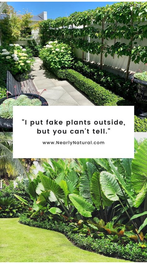 Fake Plants Landscaping, Fake Plant Garden Outdoor, Artificial Plants In Flower Bed, Landscape With Artificial Plants, Artificial Bushes Outdoor, Best Faux Outdoor Plants, Faux Plants Around Pool, Faux Plant Landscaping, Fake Bushes In Yard