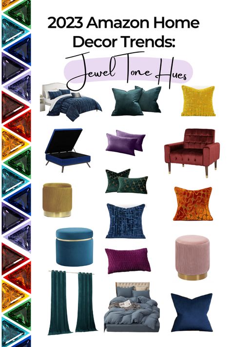 Jewel tone home decor.  Dark blue velvet bedspread. Emerald green throw pillows.   Ruby red tufted velvet accent chair with arms and black legs. Emerald green and sapphire blue geometrical plaid striped throw pillows. Emerald green velvet curtains. Amethyst velvet 12 by 20 inch throw pillows. Textured plum purple 12 by 20 inch throw pillows. Sapphire blue velvet ottoman with gold base. Light pink velvet ottoman with gold base. Yellow velvet ottoman with gold accent. Peacock Living Room Decor, Jewel Tone Home Library, Jeweltone Bedrooms, Jewel Tone Library, Jewel Tone Home Decor Inspiration, Jewel Tone Decor Interior Design, Jewel Tones Living Room, Jewel Tone Interior Design, Jewel Toned Living Room