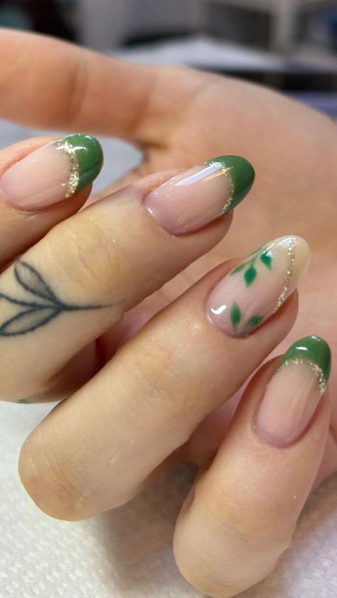 25 Stunning Fall French Tip Ideas You’ll Love This Season | Lookosm Green French Tips With Design, French Tip Ideas, Fall French Tip, Gold French Tip, Leafy Pattern, Hoco Nails, Fall Magic, French Tip Design, Glitter French Tips