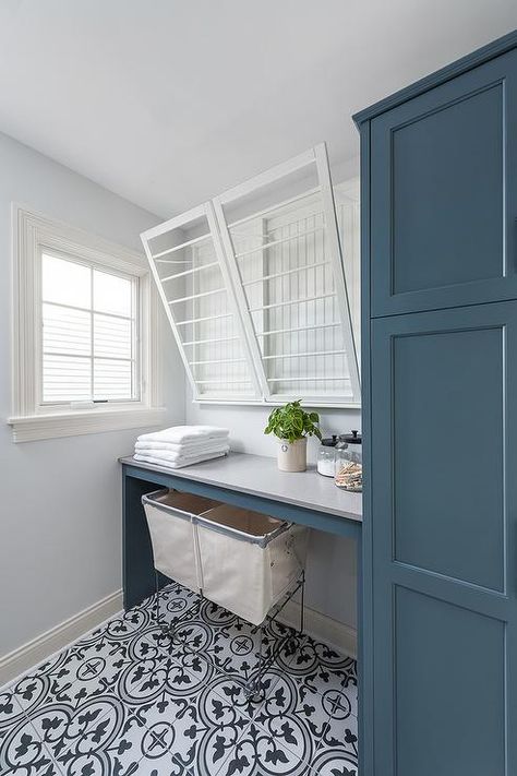 Blue Powder Rooms, Blue Powder Room, Blue Laundry Rooms, Laundry Room/mud Room, Laundry Room Renovation, Drying Racks, Laundry Room Inspiration, Laundry Room Remodel, Vintage Laundry