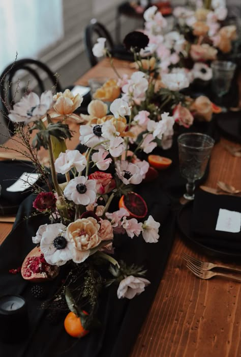 Dark and moody tables cape florals by love and luster October Moody Wedding, Moody September Wedding, Moody Florals Wedding, Winter Wedding Dark, Moody Round Table Wedding, Moody Romantic Fall Wedding, Dark Moody Romance Wedding, Dark Academia Wedding Flowers, Moody Spring Wedding Flowers