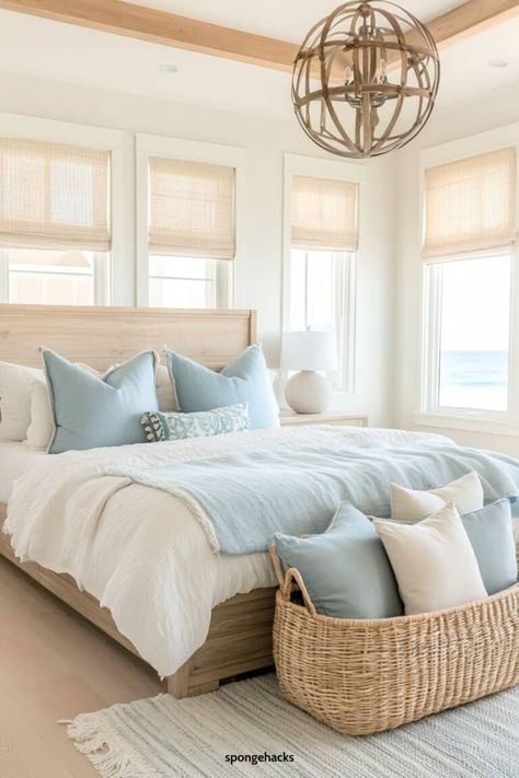 Beach House Main Bedroom, Holiday House Bedroom, Coastal Master Suite Ideas, Master Beach Bedroom, Coastal Beach House Interiors Bedroom, Florida Guest Bedroom Ideas, Beach Bungalow Bedroom, Small Coastal House Interior, Coastal Modern Bedroom Ideas