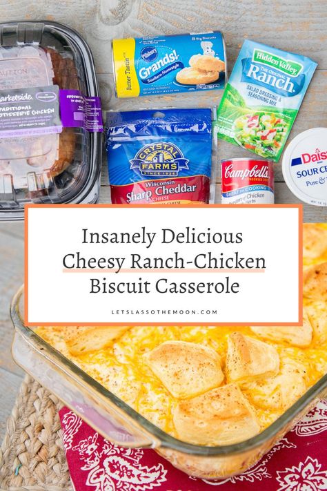 Cheesy Chicken Ranch Casserole, Cheesy Ranch Chicken Biscuit Casserole, Chicken Ranch Biscuit Casserole, Cheesy Chicken Biscuit Bake, Baked Chicken And Biscuits, Chicken Recipes With Biscuits, Biscuit Supper Ideas, Dump And Bake Chicken And Biscuit Casserole, Casserole With Grands Biscuits