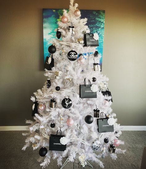 Channel Christmas Tree, Chanel Inspired Christmas Tree, Dior Christmas Tree, Chanel Christmas Tree Ideas, Boujee Christmas Tree, Chanel Christmas Tree, Fashion Christmas Tree, Glam Christmas Decor, Luxury Christmas Tree