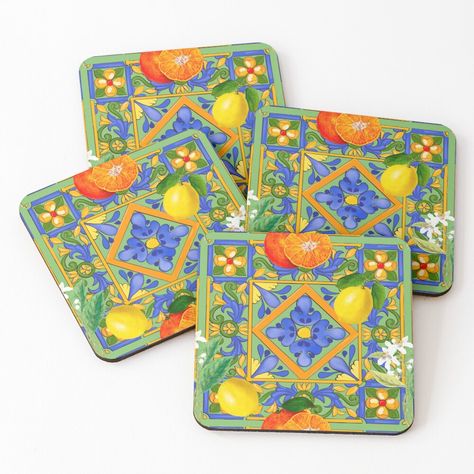 Get my art printed on awesome products. Support me at Redbubble #RBandME: https://www.redbubble.com/i/coasters/Summer-Sicilian-tiles-citrus-oranges-majolica-lemons-Mediterranean-by-MariaMarinova/90859927.E5I3N?asc=u Sicilian Tiles, Lemon Bathroom, Drinks Summer, Sicilian Lemon, Dream House Interior, Art Table, Coasters Set, Drink Coasters, Coaster Set