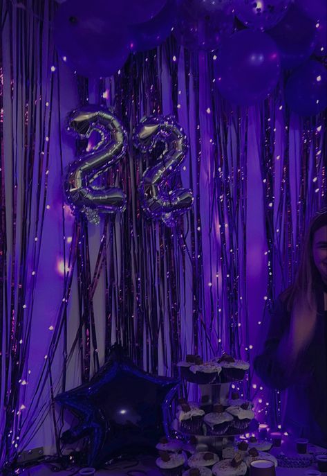 Dark Purple Party Aesthetic, Sweet 16 Purple And Black Theme, Aquarius Party Theme, Aquarius Theme Party, Cosmic Birthday Party, Acotar Birthday, Acotar Party, Cosmic Party, Twenty Fine