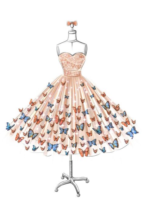 A designer sketch of 3D butterflies adorned champagne tea-length short party gown. Skirt Tulle, Fashion Drawing Sketches, Fashion Drawing Tutorial, Dress Design Drawing, Fashion Illustration Sketches Dresses, Fashion Sketches Dresses, Fashion Drawing Dresses, Sketches Dresses, Dress Design Sketches