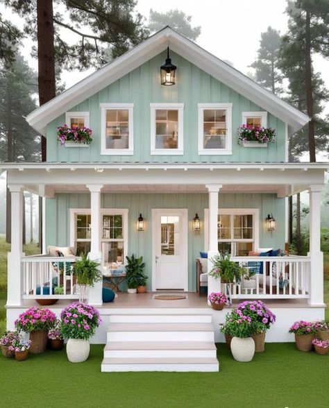 Tiny Home Exteriors, Cottage Home Exterior, Cottage Patio, Small Cottage Homes, Dream Life House, Best Tiny House, Cottage Exterior, Blue Cottage, Cottage Style Homes