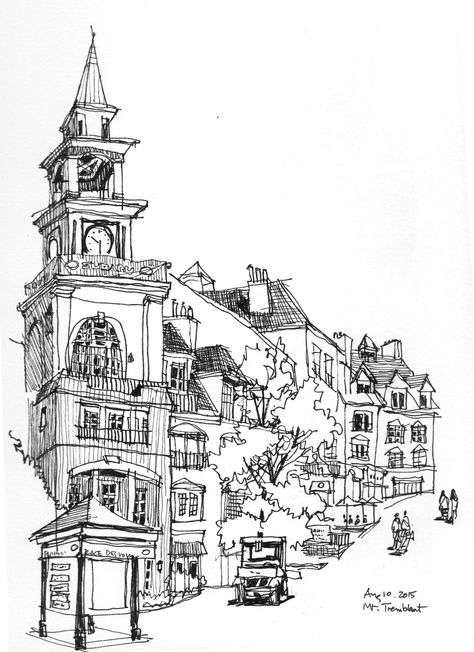 8.5 x 11" print a sketch in Mont Tremblant, Quebec, Canada Perspective Building Drawing, Tremblant Quebec, Urban Art Painting, Perspective Drawing Architecture, Mont Tremblant, City Sketch, Building Sketch, Watercolor Architecture, Building Illustration