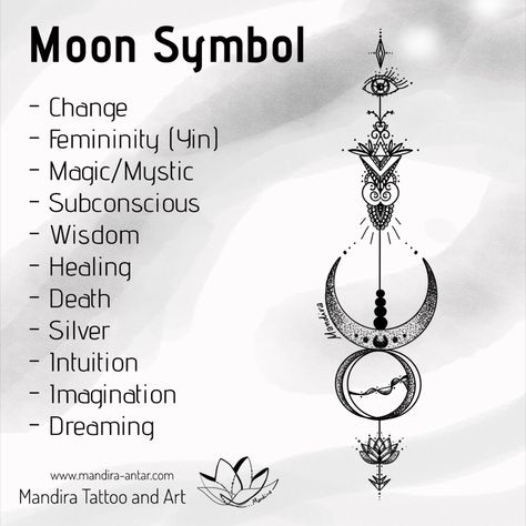 Meaning of the tattoo symbol key-words symbolism illustration with a tattoo design Different Phases Of The Moon Tattoo, Wicca Moon Tattoo, Ruled By The Moon Tattoo, Tattoo Ideas Female Moon Phases, Moon Goddess Tattoo Design, Spiritual Moon Tattoos, Spine Tattoos For Women Moon Phases, Moon Symbolism Meaning, Moon Tattoo Ideas Female