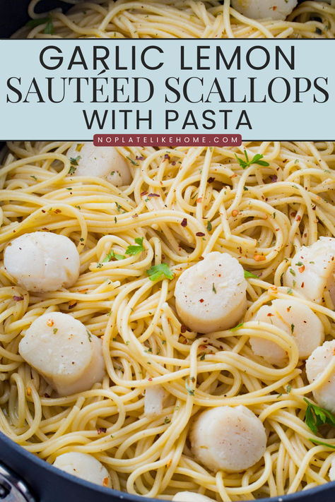 Garlic Lemon Sauteed Scallops with Pasta Scallop Pasta Dairy Free, Garlic Olive Oil Seafood Pasta, Scallop Pasta Recipe Healthy, Garlic Butter Scallops Pasta, Sea Scallops And Pasta, Lemon Garlic Scallops Pasta, Lemon Scallops Pasta, Baby Scallops Recipe, Bay Scallops And Pasta