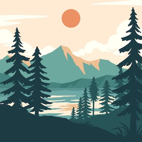 Free vector flat design muted colors ill... | Free Vector #Freepik #freevector #flat-nature #illustrations #hand-drawn-tree #hand-drawn-illustration Colors Illustration, Mountain Illustration, Flat Design Illustration, Vector Trees, Forest Illustration, Tree Illustration, Landscape Illustration, Nature Illustration, Flat Illustration