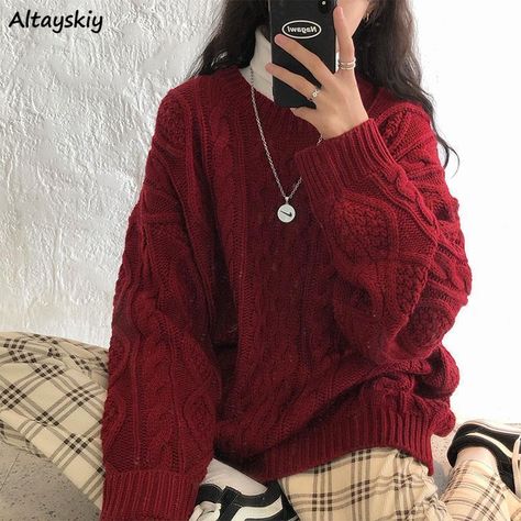 Autumn Winter Women Red Pullovers Loose Vintage Twist Jumpers Long Sleeve Knit Outwear Tops Korean Korean Preppy Style, Korean Preppy, Red Sweater Outfit, Estilo Ivy League, Preppy Mode, Tops Korean, Jumper Outfit, Red Knit Sweater, Red Pullover