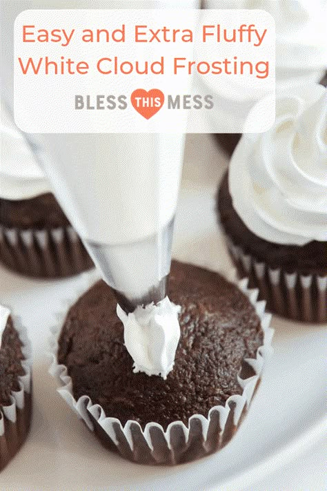 My mom's Easy and Extra Fluffy White Cloud Frosting is a light and bright, not-too-sweet topping to douse on cupcakes and cakes of all varieties! #frosting #whitecloudfrosting #vanillafrosting Not Too Sweet Frosting, Easy Cupcake Frosting, Fluffy Frosting Recipes, White Frosting Recipes, Cupcake Frosting Tips, Cloud Frosting, Fluffy Icing, Fluffy White Frosting, Cake Decorated With Fruit