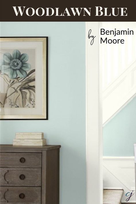 Woodlawn Blue by Benjamin Moore full color review here. Light Blue Benjamin Moore Paint, Woodlawn Blue Benjamin Moore Bedroom, Bm Blue Paint Colors, Bm Woodlawn Blue, Benjamin Moore Living Room, Woodlawn Blue Benjamin Moore, Blue Benjamin Moore, Benjamin Moore Bedroom, Woodlawn Blue