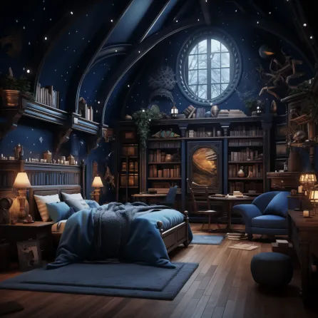 Ravenclaw Office, Ravenclaw Room Ideas Bedrooms, Wizard Themed Bedroom, Wizard Room Decor, Magic Dorm Room, Ravenclaw Themed Bedroom, Fantasy Dorm Room, Wizard Bedroom Aesthetic, Hogwarts Bedroom Ravenclaw