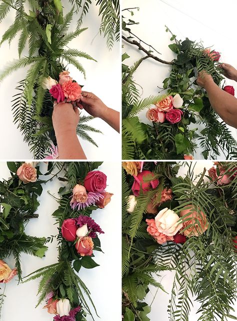 Tutorial :: How to make a fresh flower garland - We Are Scout How To Make Flower Garland Diy, Fresh Flower Garland, Eucalyptus Swag, Diy Wedding Garland, Senior Banquet, Diy Swag, Flower Centrepieces, Foliage Garland, Wall Garland