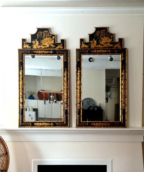 Pair of Chinoiserie Pagoda Bamboo Mirrors by SouthLoopLoft, $1200.00  Hollywood Regency Glam. Italian Chinoiserie. Pagoda mirror. Gilt Mirror. Black and Gold Asian Mirror, Pagoda Mirror, Mirror Over Fireplace, Mirror Above Fireplace, Chinoiserie Mirror, Large Rectangle Mirror, Asian Bedroom, Asian Wall Decor, Black Mirrors