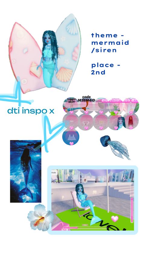 dti ideas • theme - mermaid/siren • place - 2nd • no vip • codes - M3RM4ID • owner 2 🫧🙌🏼🐬#blue #mermaid #siren #novip #ocean #dti #inspo #outfits Mermaid Siren, Blue Mermaid, Dress To Impress, Mermaid, Coding, Blue