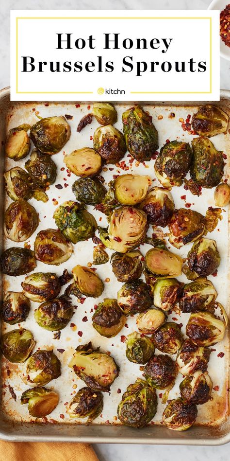 Spicy-Sweet Hot-Honey Brussels Sprouts Hit All the Right Notes Honey Brussel Sprouts, Baked Brussel Sprouts, Hot Honey Recipe, Shaved Brussel Sprouts, Spicy Honey, Hot Honey, Sprout Recipes, Brussels Sprouts Recipe, Honey Recipes