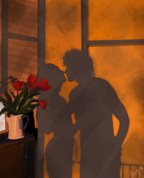 #Couple #love #art #kiss #flower #shadow #illustration #painting Kissing Painting Aesthetic, Kiss Illustration Couple, Simple Romantic Painting, Couple Kissing Painting, Falling In Love Artwork, Art Love Romance Painting, Couple Shadow Painting, Couple Shadow Drawing, Aesthetic Couple Painting