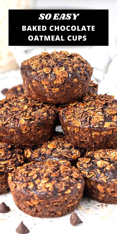 These Baked Chocolate Oatmeal Cups are perfect for busy mornings when you need a breakfast that is ready to go. They are a great way to start the day as they are nutrient-dense, with rich, chocolatey cacao powder, chia seeds, vanilla extract, milk and pure maple syrup mixed with the rolled oats, turned into a muffin tin and baked. So easy and delicious! Cocoa Oatmeal Muffins, Oatmeal Cups Baked, Chocolate Oatmeal Cups, Cacao Oatmeal, Baked Oat Cups, Chocolate Oat Muffins, Chocolate Oat Cups, Chocolate Oatmeal Muffins, Nutrient Dense Breakfast