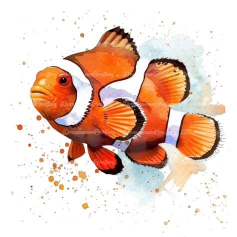 Watercolor Fish Art, Marine Animal Painting, Watercolor Sea Creatures, Watercolor Art Fish, Watercolor Marine Animals, Watercolour Sea Creatures, Ocean Creatures Watercolor, Clownfish, Clownfish Painting