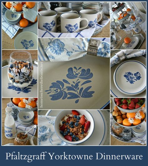 Pfaltzgraff Yorktowne, Crystal Dishes, Blue Napkins, Blue White Decor, Blue Home Decor, At The Table, Mid Century Decor, Kitchen Collection, Vintage Dishes