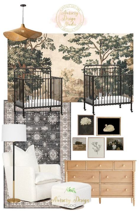 Twin nursery design with a gorgeous landscape mural Italian Theme Nursery, Italian Nursery, Olive Nursery, Twin Nursery Gender Neutral, Nature Inspired Nursery, Magical Nursery, Nursery Design Board, Vintage Girl Nursery, Twin Nursery