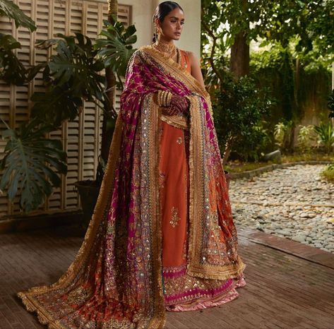 Angrakha Top, Tissue Lehenga, Dress Design Pakistani, Vintage Hand Embroidery, Orange Floor, Mehndi Bride, Ladies Sangeet, Gowns Aesthetic, Mehndi Outfit