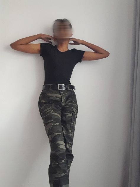 Camo pants with a black tee #outfitidea #outfits Black Camo Pants, Camo Outfit, Camo Outfits, Camo Pants, Black Camo, Outfit Idea, Fashion Sewing, Black Tee, Black Tshirt