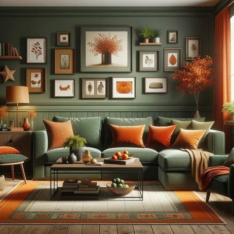 Green Colour Living Room, Sage Green Burnt Orange Living Room, Green And Burnt Orange Living Room, Burnt Orange And Green Living Room, Dark Green Colour Palette, Forest Green Living Room, Orange And Forest Green, Forest Living Room, Olive Living Rooms