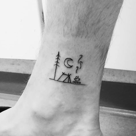 Camping Minimalist Tattoo, S’more Tattoo, Wanderer Tattoo Ideas, Small Camping Tattoo, Camping Tattoo For Women, Simple Camping Tattoo, Outdoors Tattoo For Men, Backpacking Tattoo, Hammock Tattoo