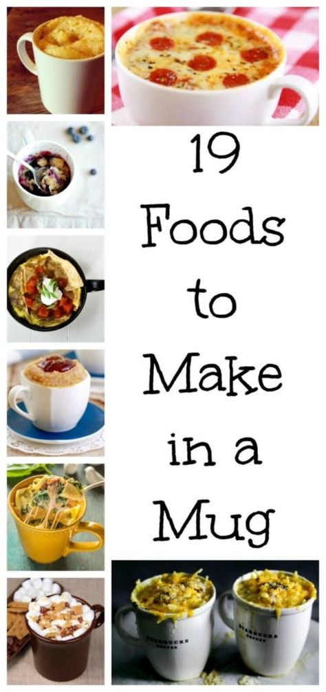 19 foods to make in a mug collage of different microwave mug snacks like pizza, lasagna, donuts, pancakes Meal In A Mug, Microwave Mug Recipes, Foods To Make, Baking Desserts, Recipes Baking, Mug Recipes, Microwave Cooking, In A Mug, Microwave Recipes