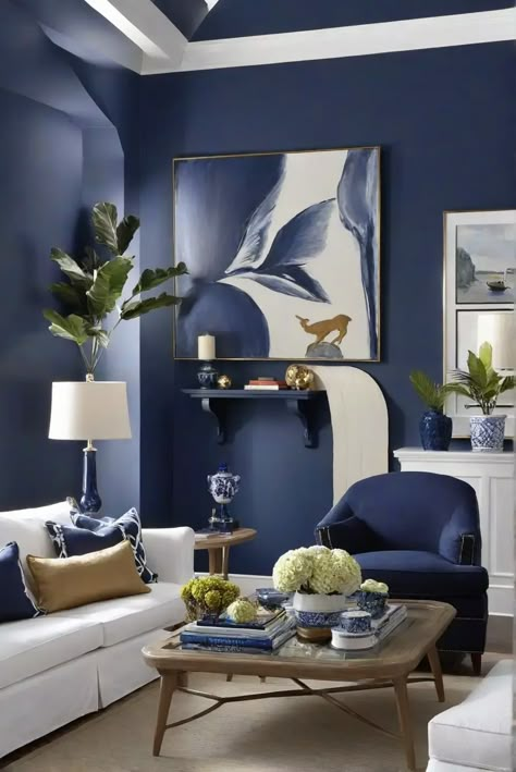 Naval wall paint, living room decor, interior design, dreamy color palette Navy Blue Wall Paint Living Room, Navy Blue Statement Wall, Royal Blue Living Room Walls, Sherwin Williams Naval Accent Wall, Navy Blue Accent Wall Living Room, Navy Blue Wallpaper Livingroom, Naval Sw 6244, Blue Accent Wall Living Room, Blue Living Room Color Scheme