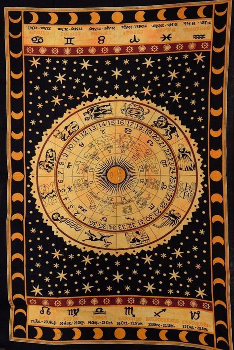 Black Zodiac, Celtic Zodiac, Celestial Tapestry, Sun And Moon Tapestry, Moon Tapestry, Handmade Tapestries, Mandala Wall Hanging, Indian Mandala, Hippie Tapestry