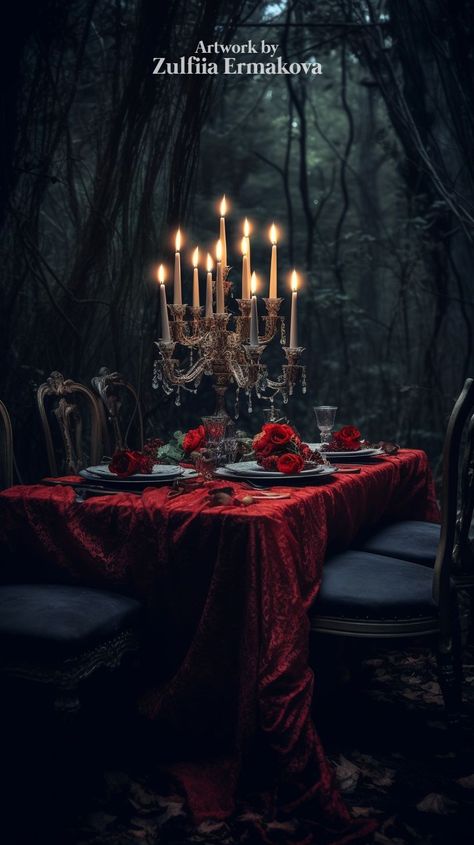 Aestethic. Dinner in the night forest 🌳🌳🌳 My fantasy art created wi... | TikTok Macabre Dinner Party, Dark Dinner Party, Dark Academia Aestethic, Gothic Table Setting, Vamp Wedding, Enchanted Masquerade, Gothic Dinner Party, Dark Fairytale Aesthetic, Goth Xmas