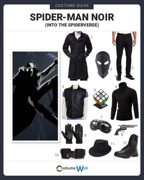 Spiderman Across The Spider Verse Outfit Ideas, Spiderman Noir Outfit, Spider Man Noir Cosplay, Into The Spiderverse Costume, Men’s Cosplay, Spiderman Noir Cosplay, Spider Noir Cosplay, Cosplay Characters Men, Cosplay Ideas Men