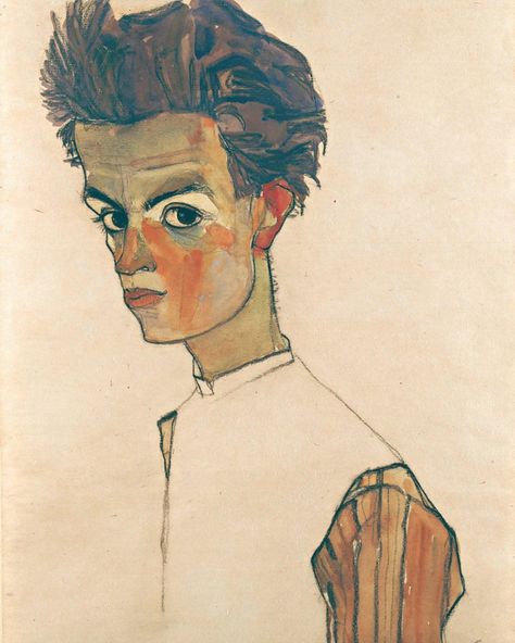 Self-Portrait in a Striped Shirt. Egon Schiele, 1910. Artist Research Page, Artist Research, Art Mini Toile, Canvas Art Projects, Egon Schiele, Albrecht Durer, Textured Canvas Art, Edgar Degas, Abstract Portrait